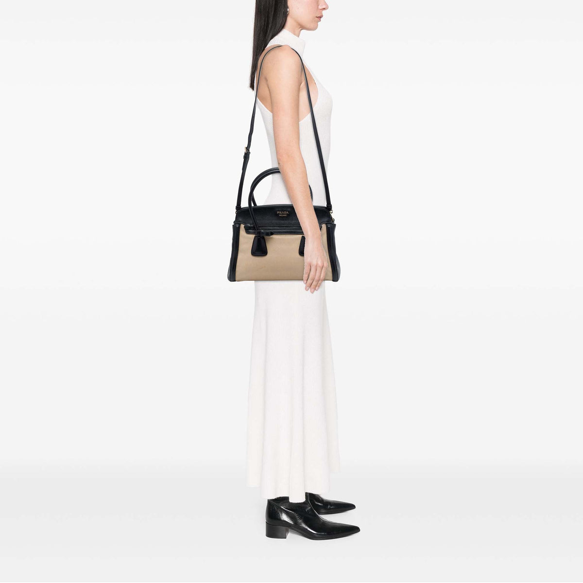 Prada Bicolor Saffiano Cuir Trimmed Canvas Satchel