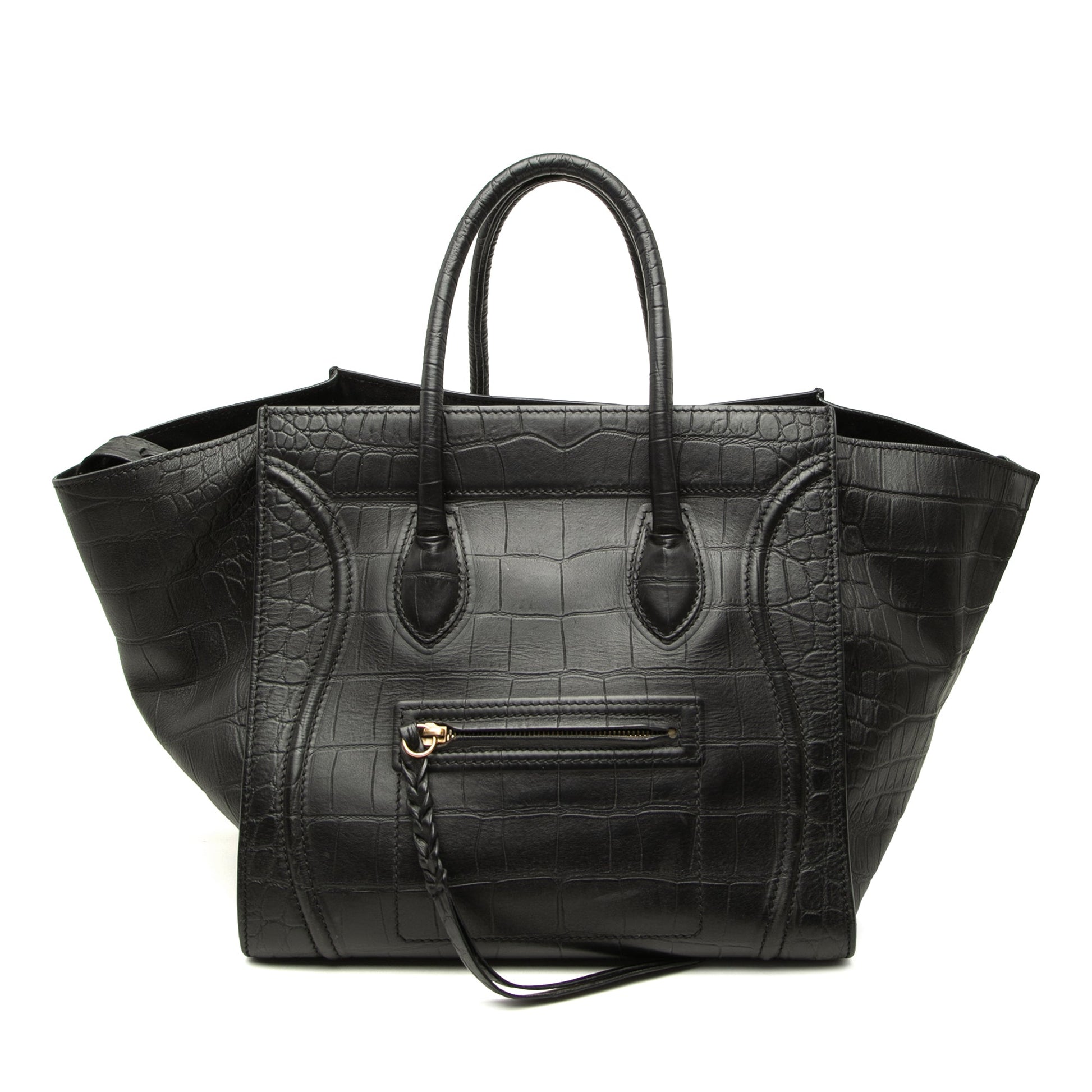 Celine Medium Croc Embossed Leather Luggage Phantom Tote