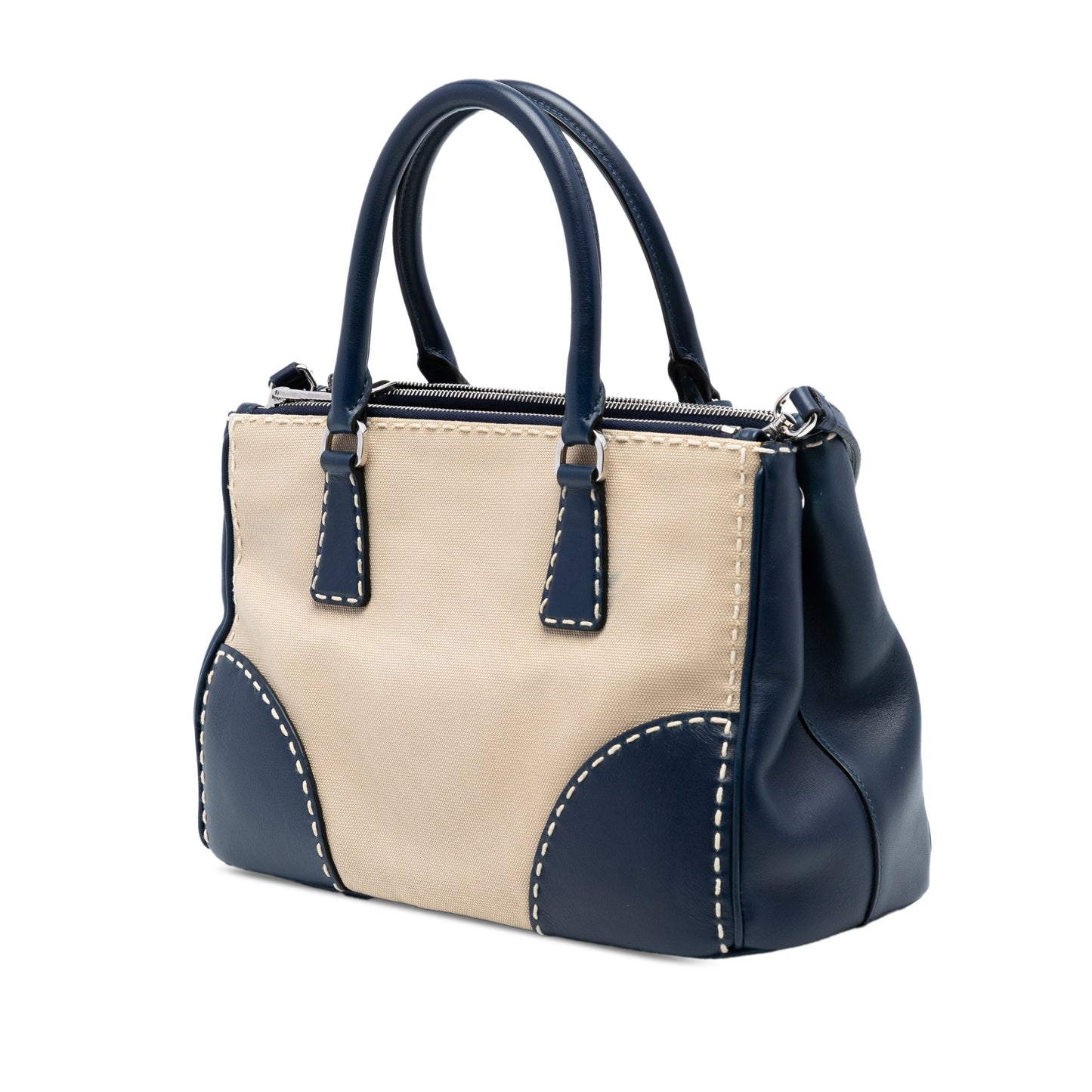 Prada Small Canvas and City Calf Hand Stitched Galleria Double Zip Satchel