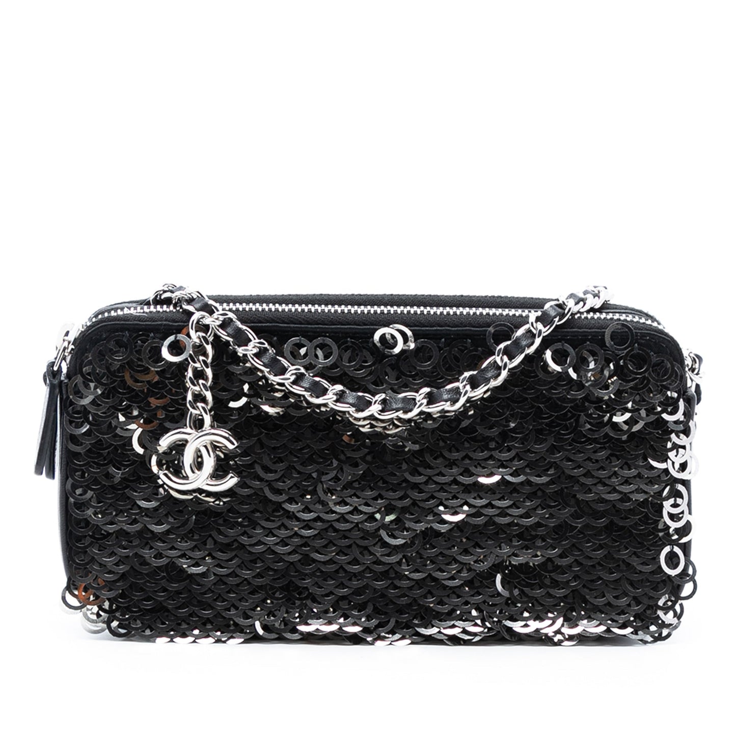 Chanel CC Calfskin and Sequin Double Zip Wallet on Chain