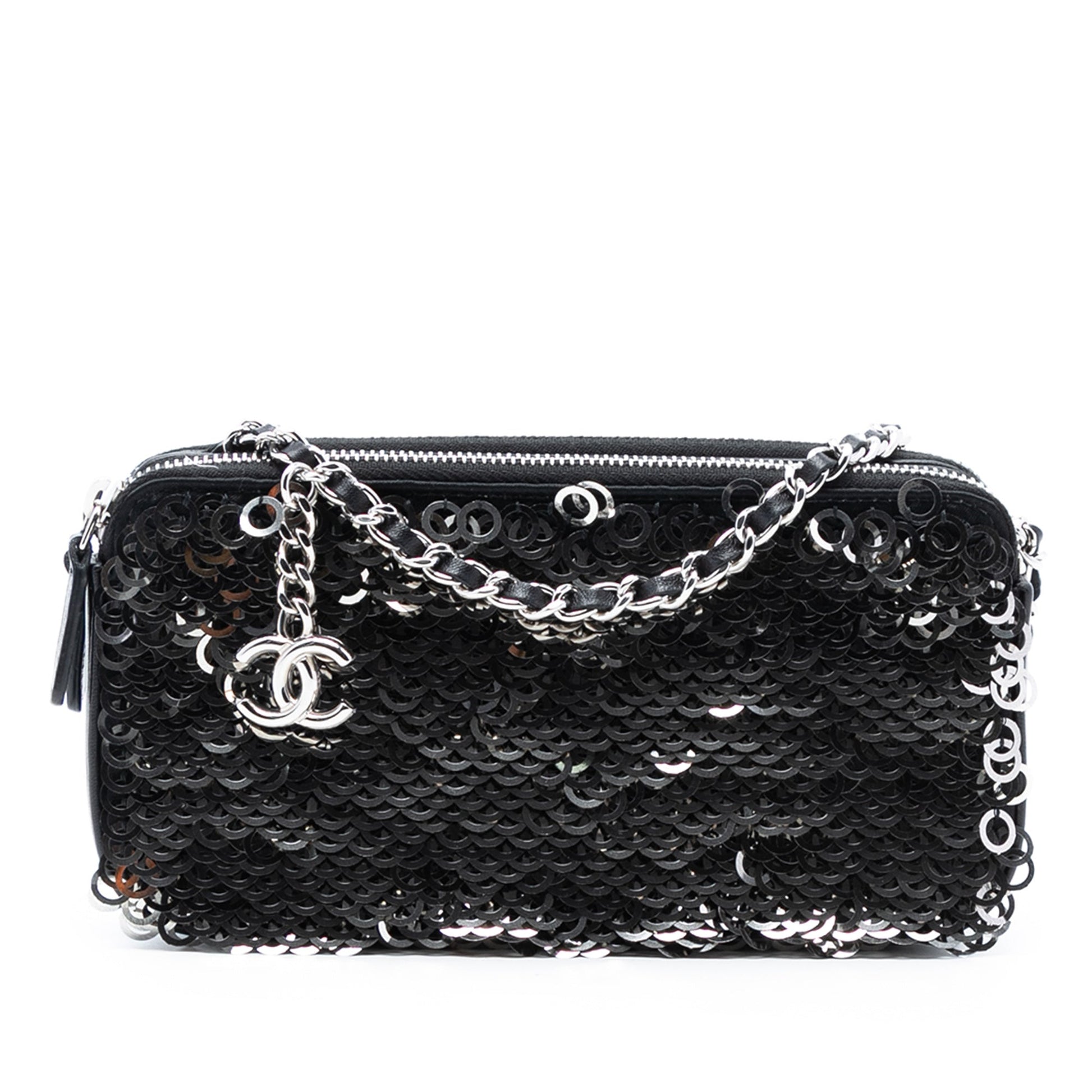 Chanel CC Calfskin and Sequin Double Zip Wallet on Chain