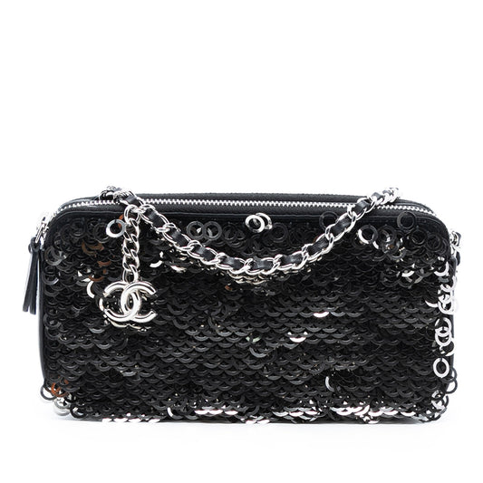 Chanel CC Calfskin and Sequin Double Zip Wallet on Chain