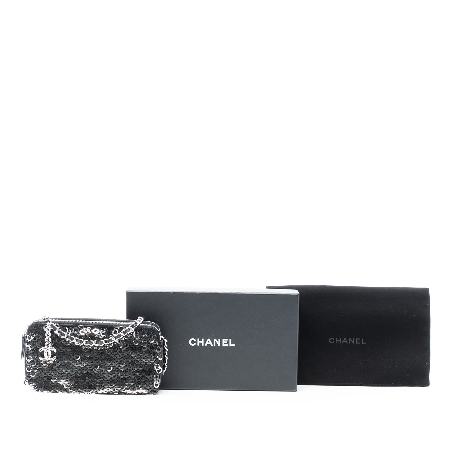 Chanel CC Calfskin and Sequin Double Zip Wallet on Chain