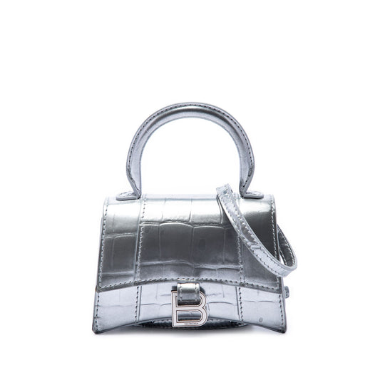 Balenciaga Mini Metallic Croc Embossed Calfskin Hourglass Top Handle Bag