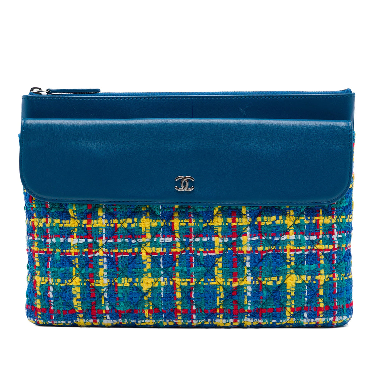 Chanel CC Quilted Tweed and Lambskin Pouch — Blue