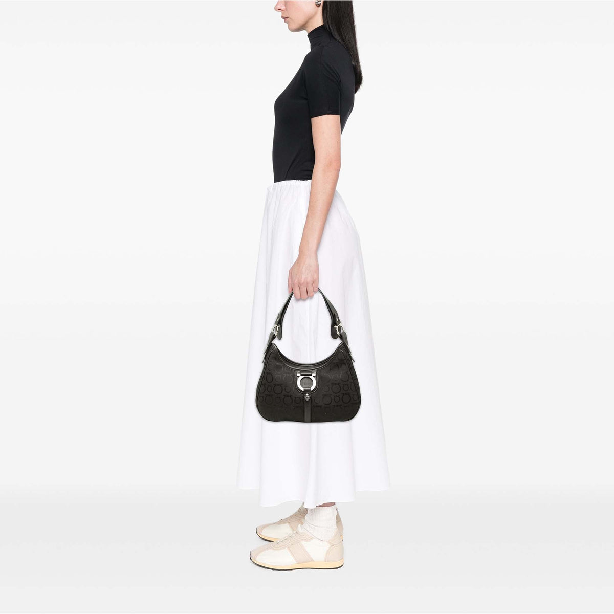 Ferragamo Gancini Canvas Shoulder Bag — Black