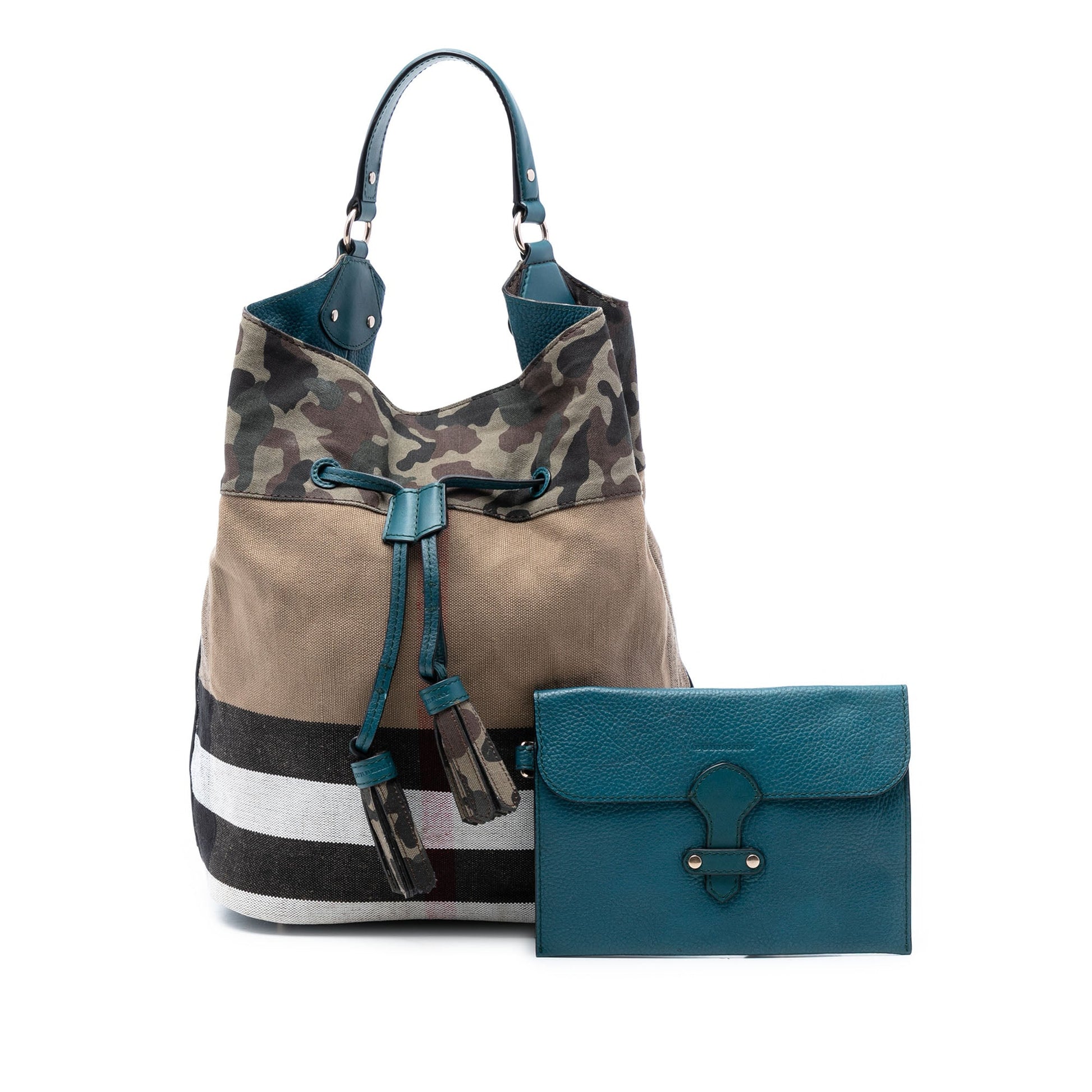 Burberry Mega Check Canvas Camouflage Susanna Tassel Bucket Bag