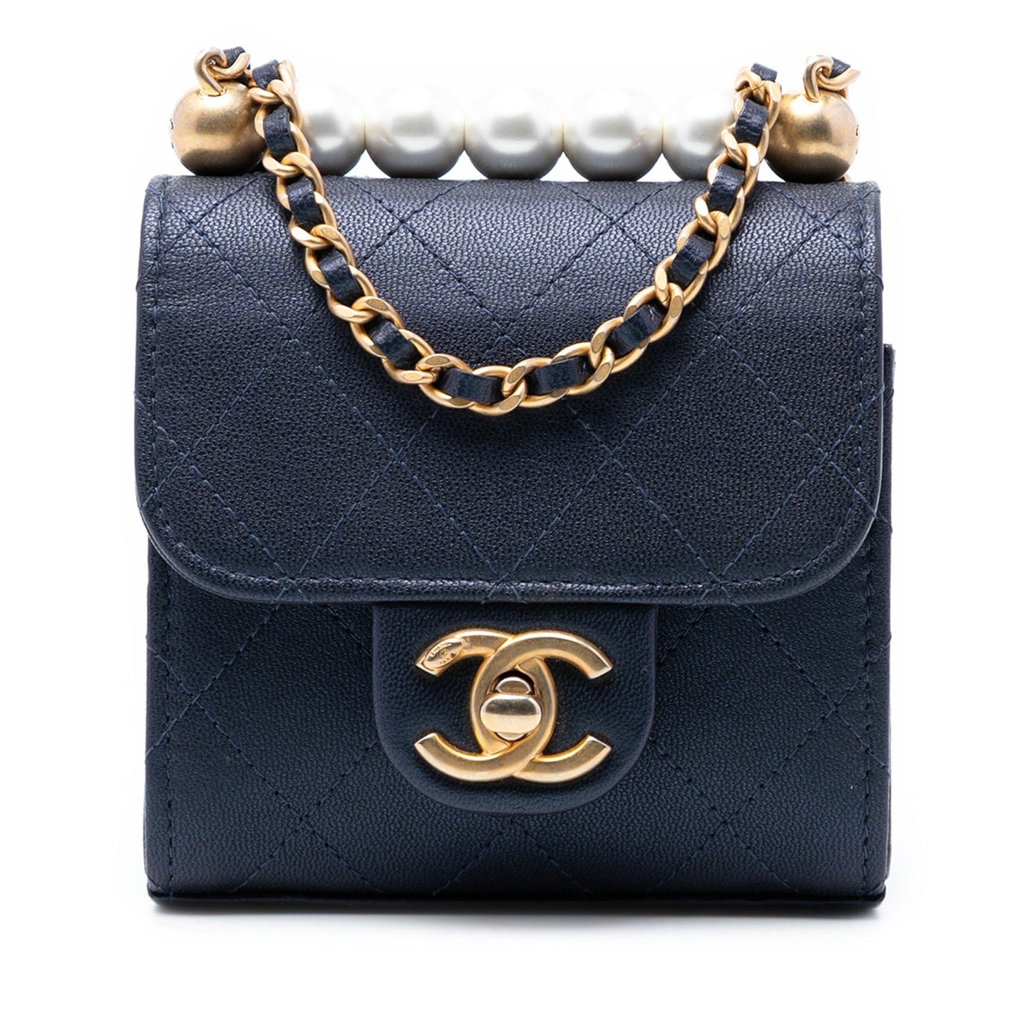 Mini Quilted Goatskin Vertical Chic Pearls Flap Clutch With Chain