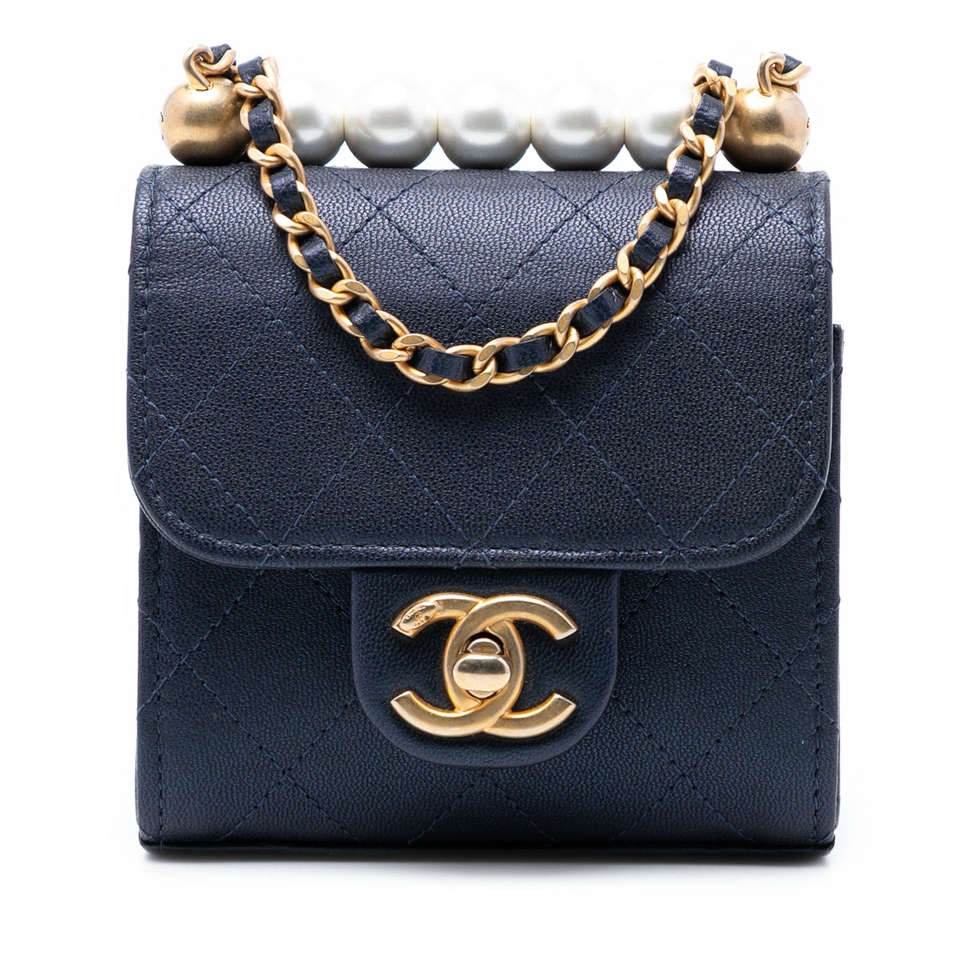 Mini Quilted Goatskin Vertical Chic Pearls Flap Clutch With Chain