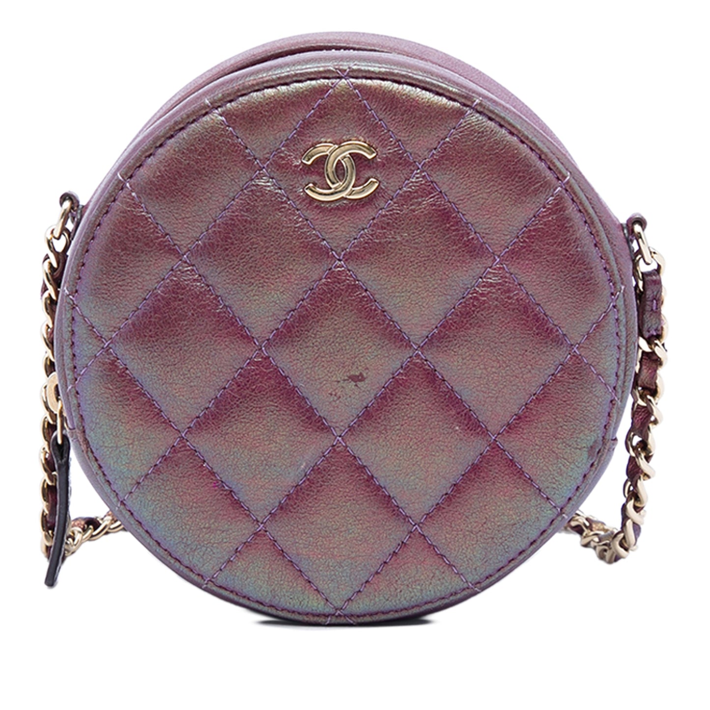 Chanel Quilted Iridescent Lambskin Round Clutch With Chain