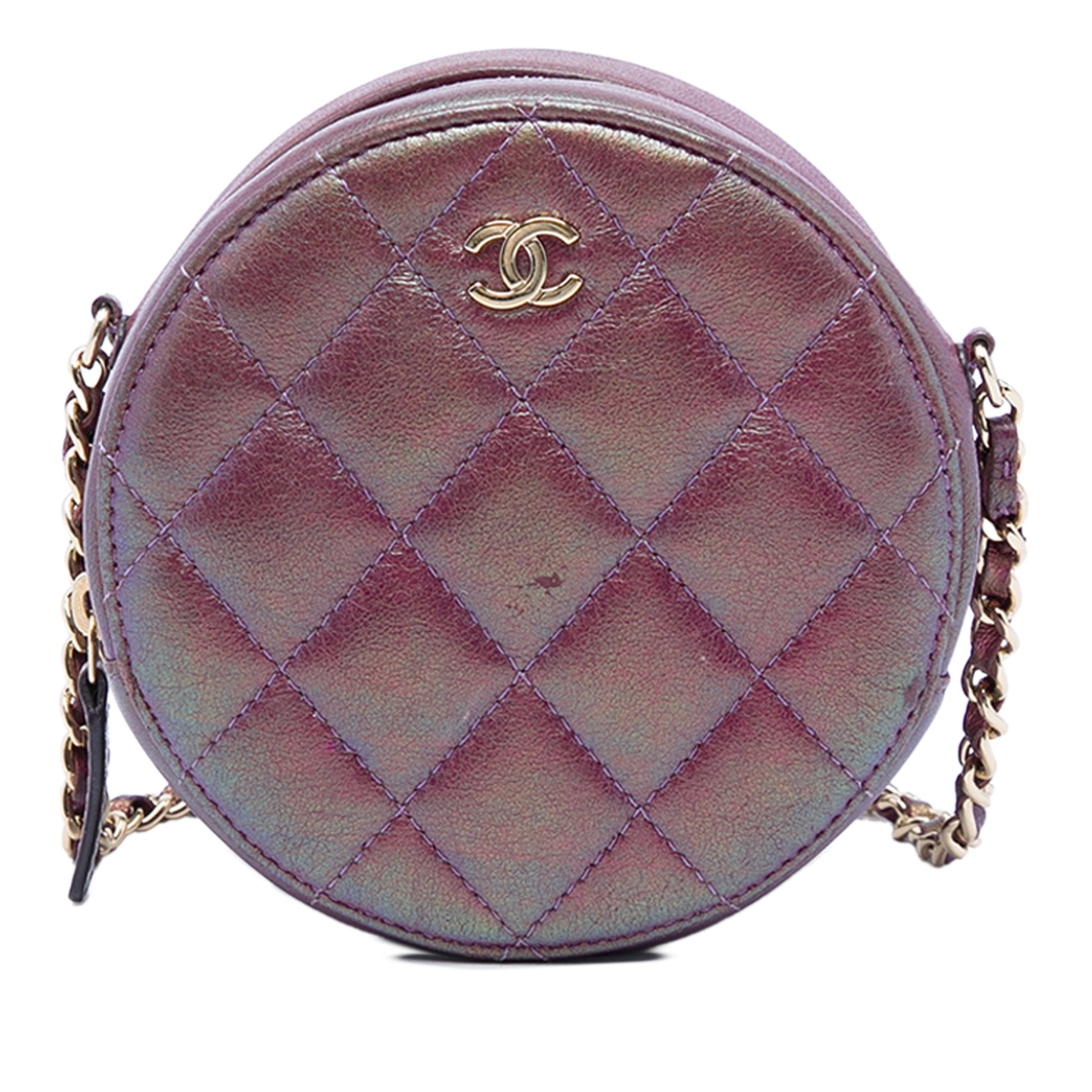 Chanel Quilted Iridescent Lambskin Round Clutch With Chain