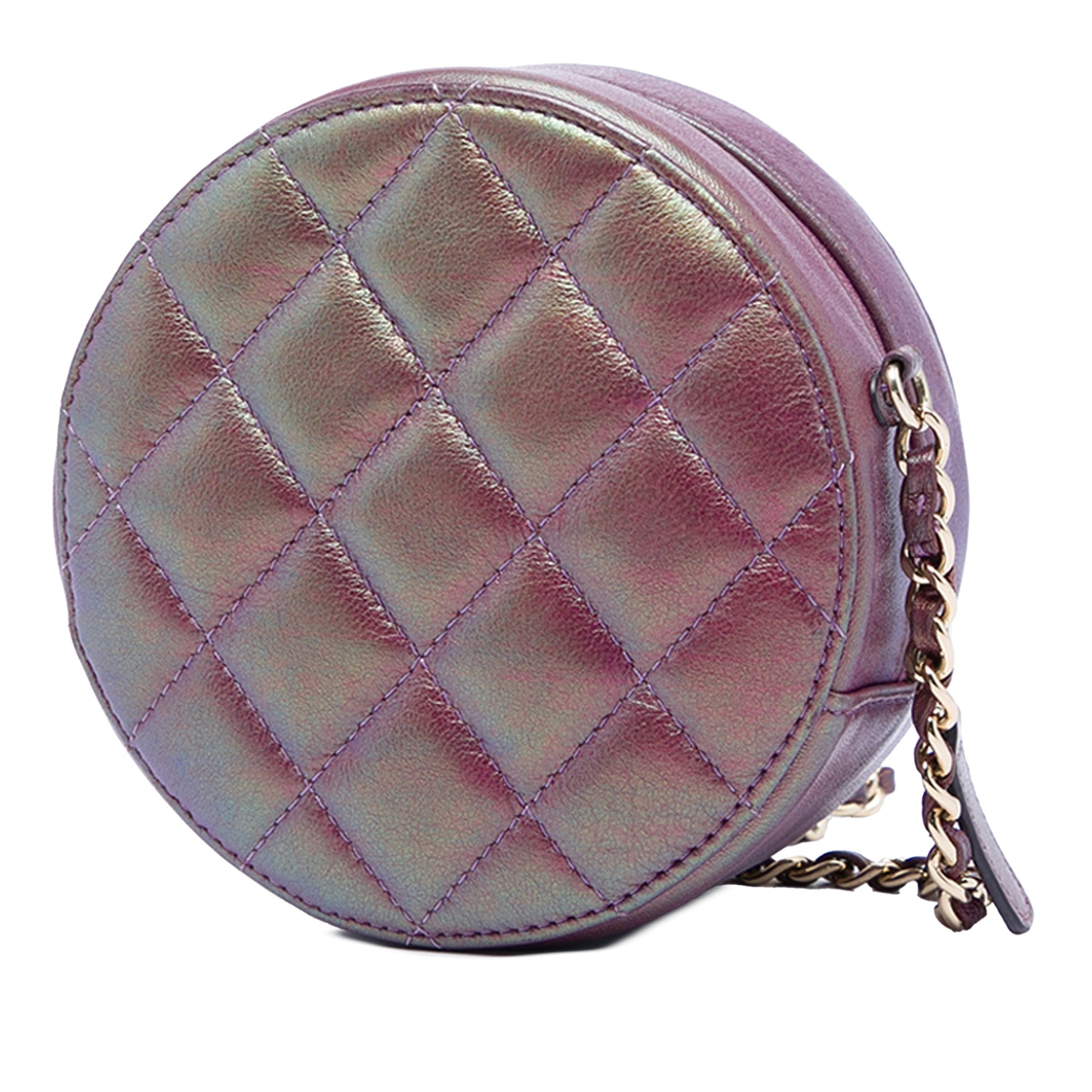 Chanel Quilted Iridescent Lambskin Round Clutch With Chain