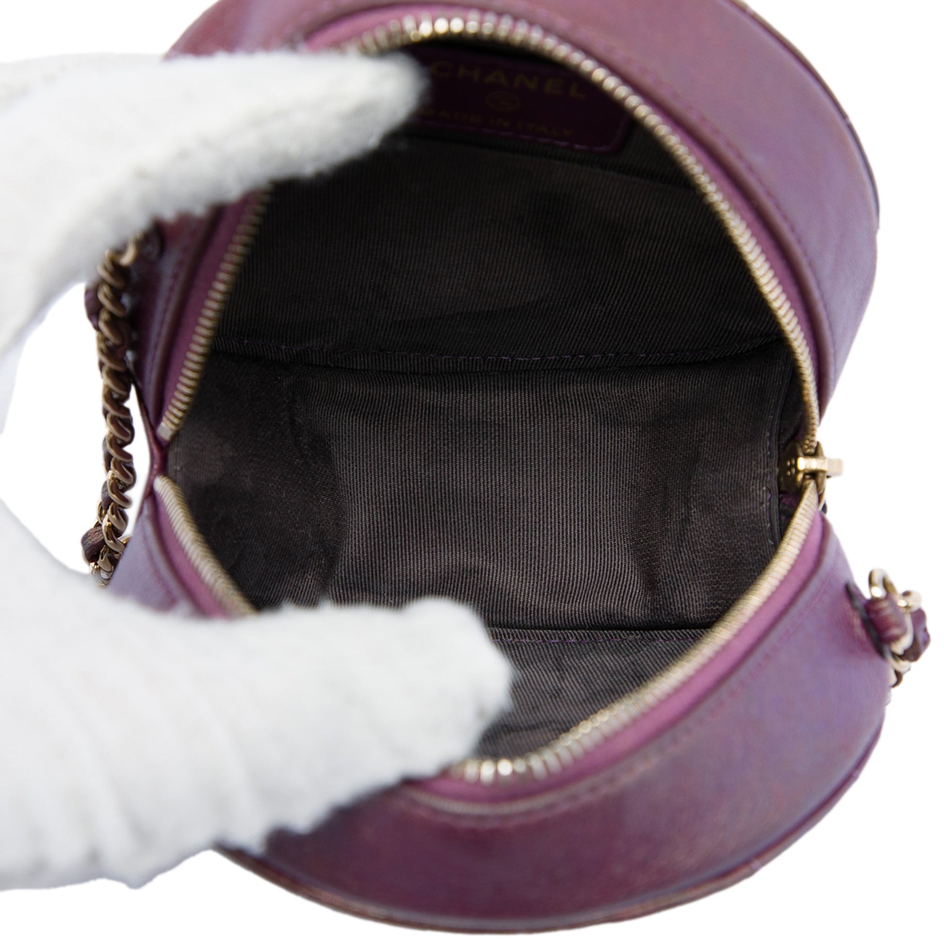 Chanel Quilted Iridescent Lambskin Round Clutch With Chain