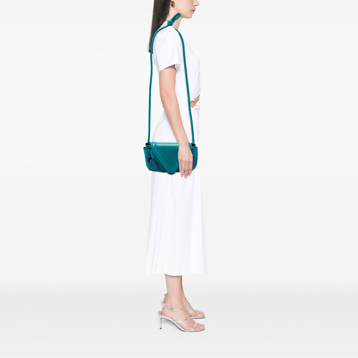 Bottega Veneta Small Beaded Crochet Knit and Leather Beak Crossbody — Blue