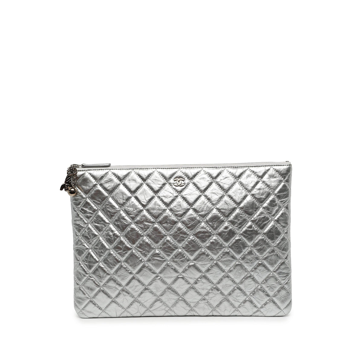 Chanel Large Quilted Metallic Aged Calfskin Cosmo Charm O Case Clutch — Silver