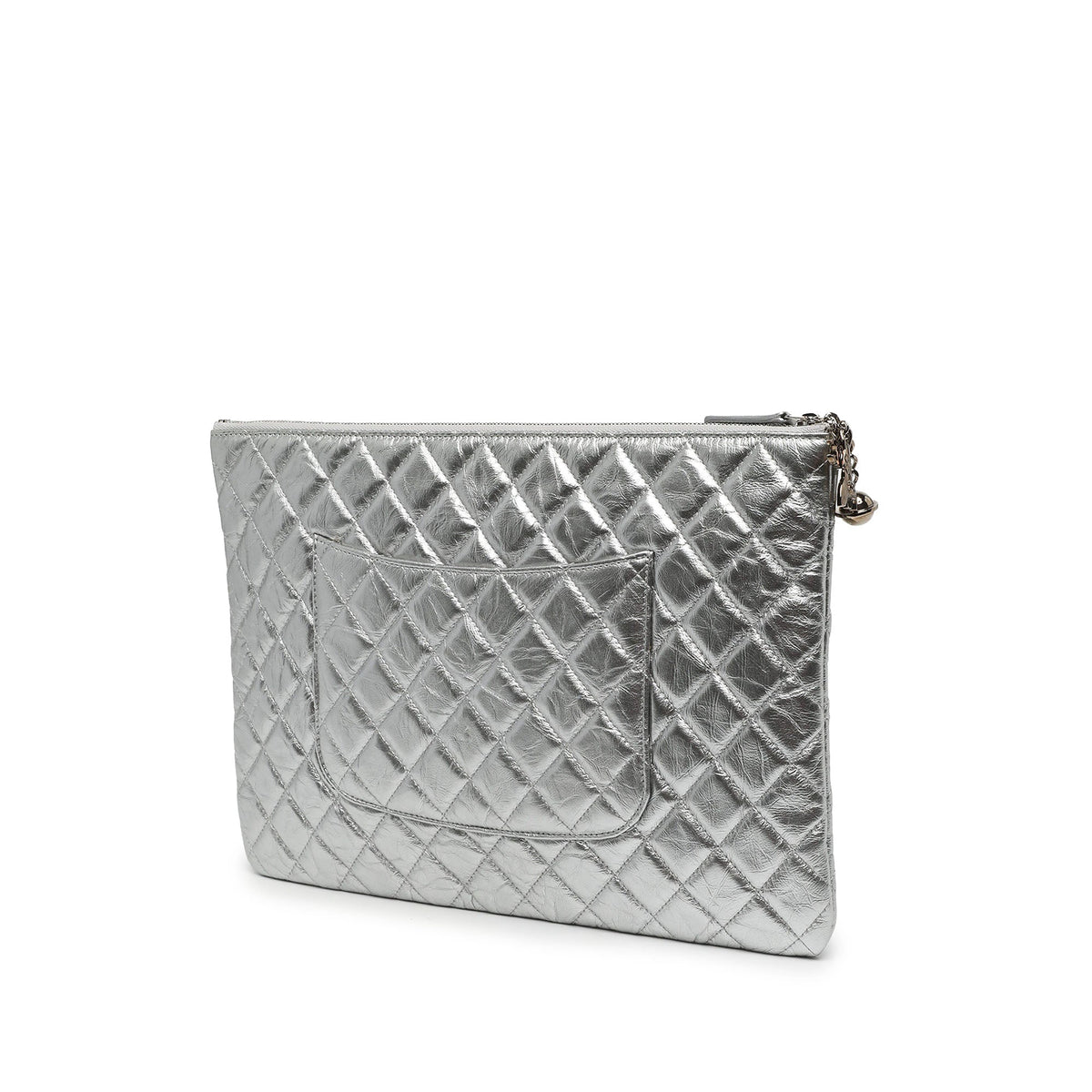 Chanel Large Quilted Metallic Aged Calfskin Cosmo Charm O Case Clutch — Silver