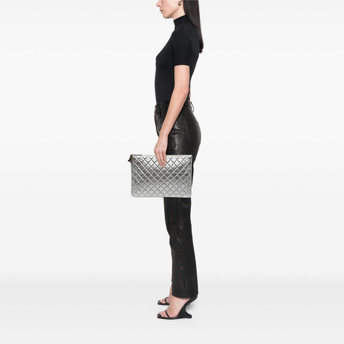 Chanel Large Quilted Metallic Aged Calfskin Cosmo Charm O Case Clutch — Silver