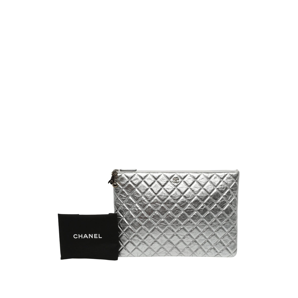 Chanel Large Quilted Metallic Aged Calfskin Cosmo Charm O Case Clutch — Silver