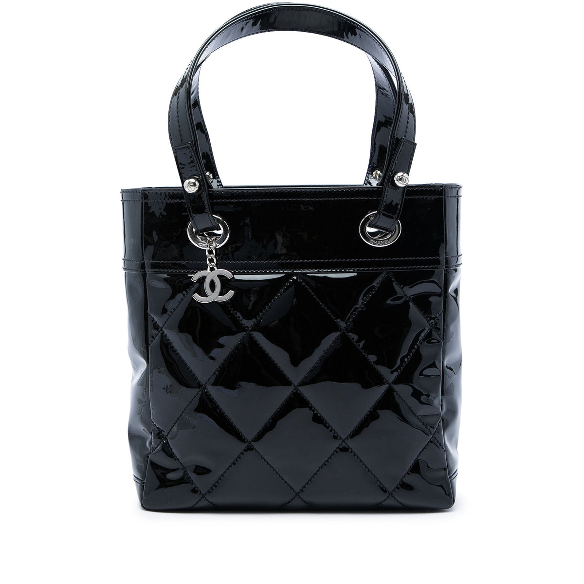 Chanel Small Quilted Patent Paris Biarritz Tote — Black