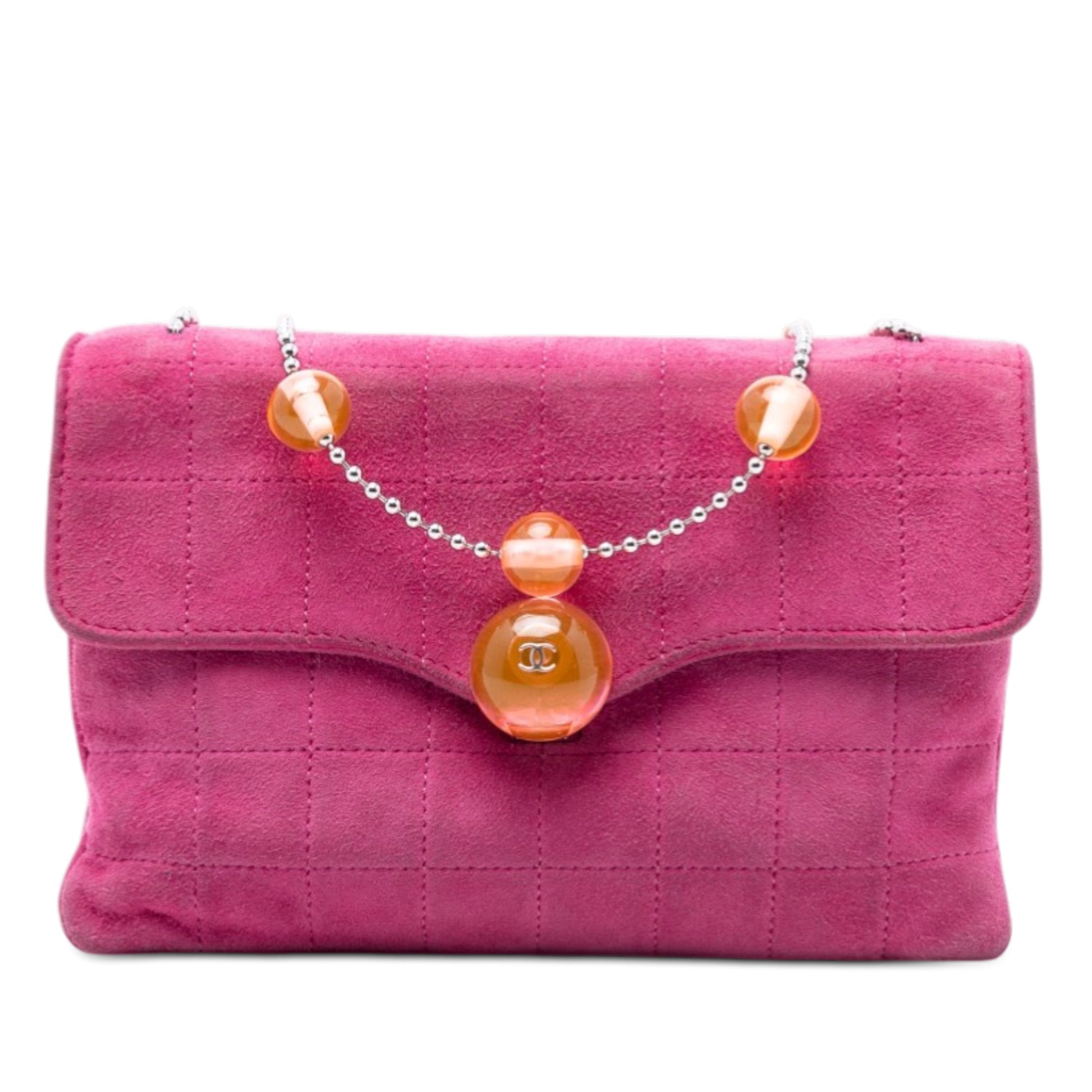 CC Choco Bar Suede Beaded Chain Flap