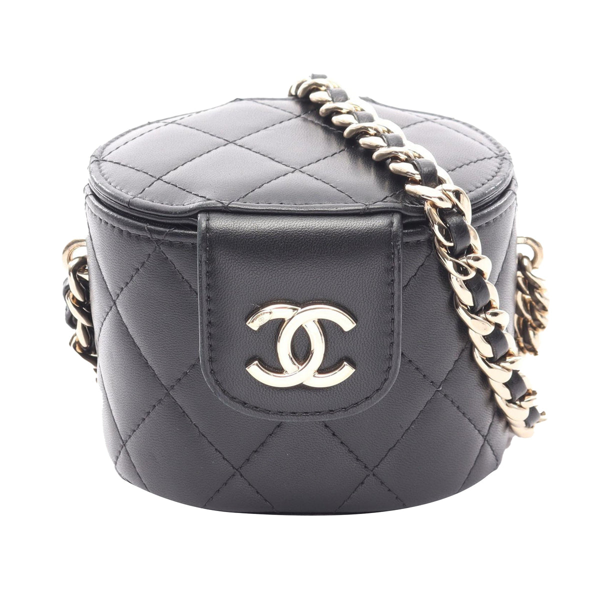 Chanel Mini Quilted Lambskin Round Vanity Case with Chain