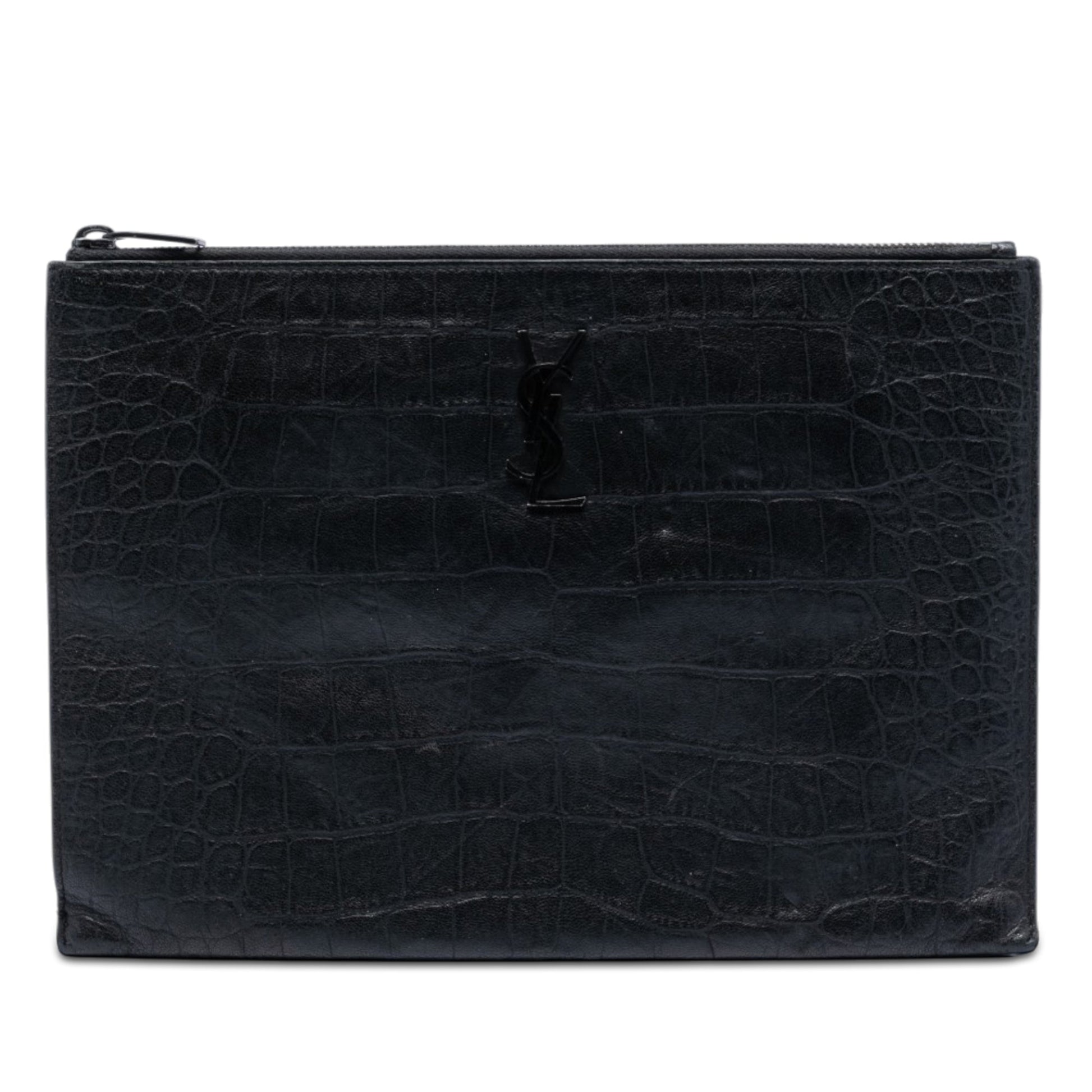 Saint Laurent Croc Embossed Leather Monogram Document Holder