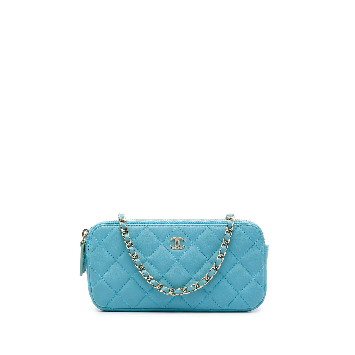 Chanel CC Lambskin Double Zip Wallet on Chain — Blue