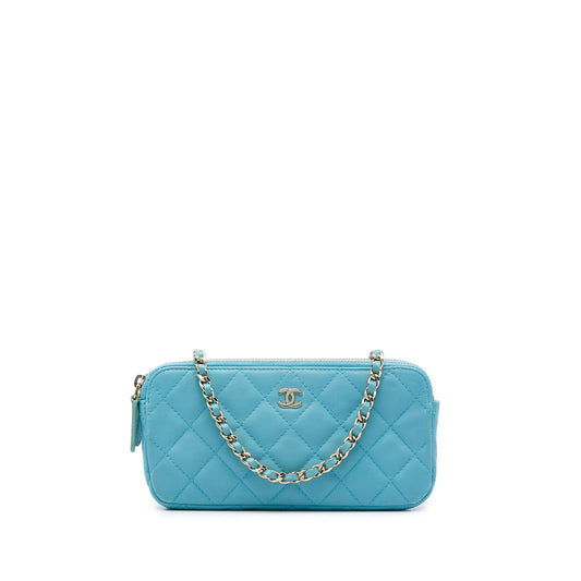 Chanel CC Lambskin Double Zip Wallet on Chain — Blue