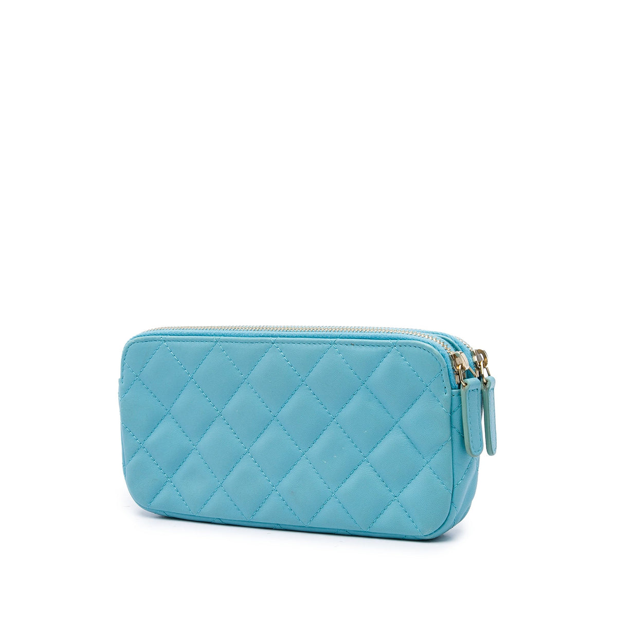 Chanel CC Lambskin Double Zip Wallet on Chain — Blue