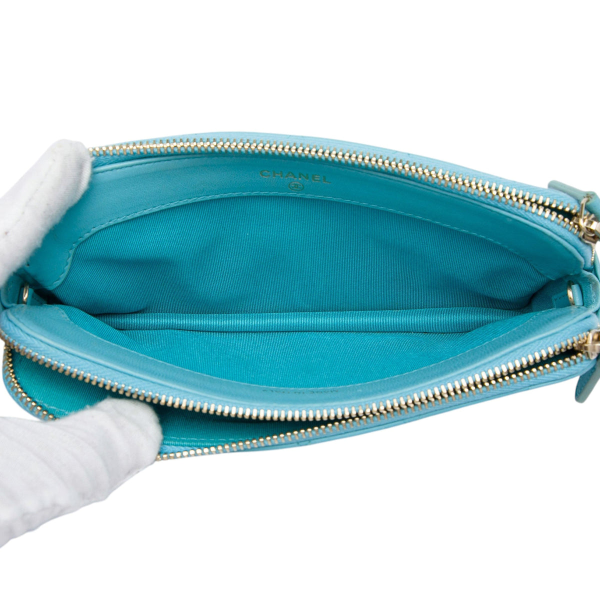 Chanel CC Lambskin Double Zip Wallet on Chain — Blue