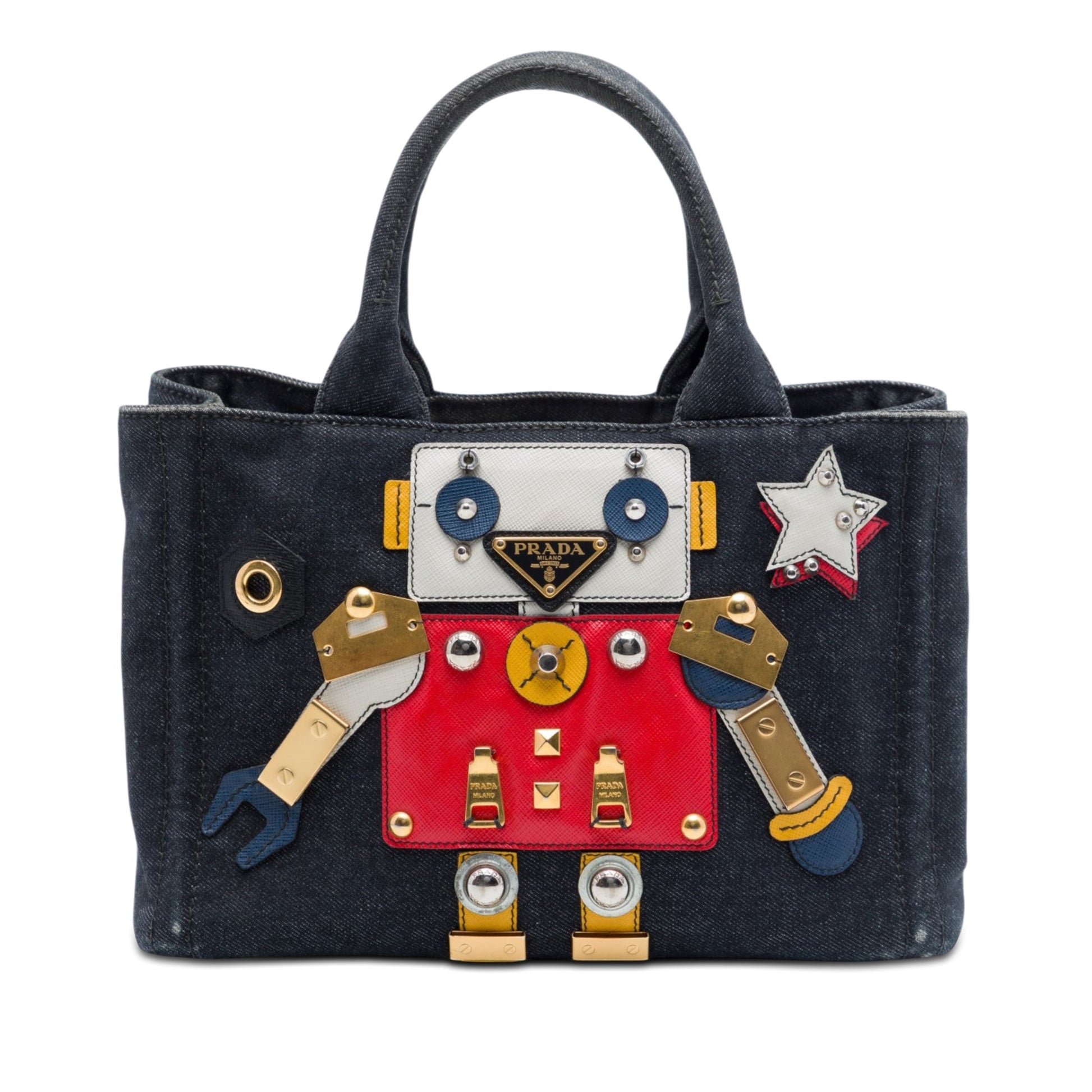 Prada Small Saffiano Trimmed Denim Canapa Robot Satchel