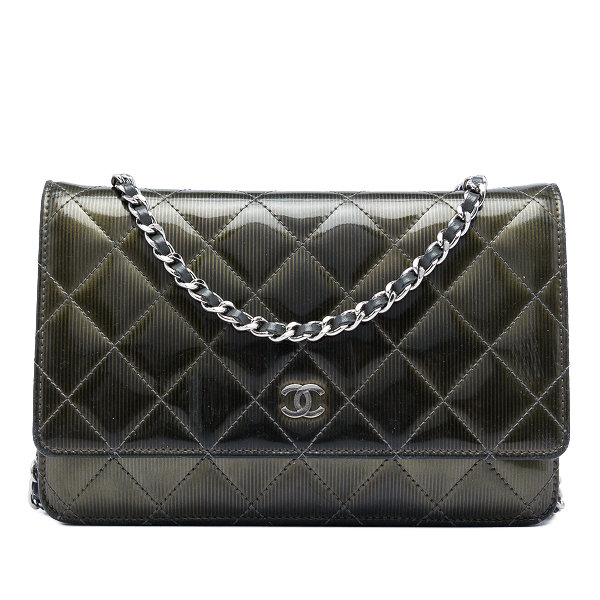 Chanel CC Quilted Striated Metallic Patent Wallet on Chain