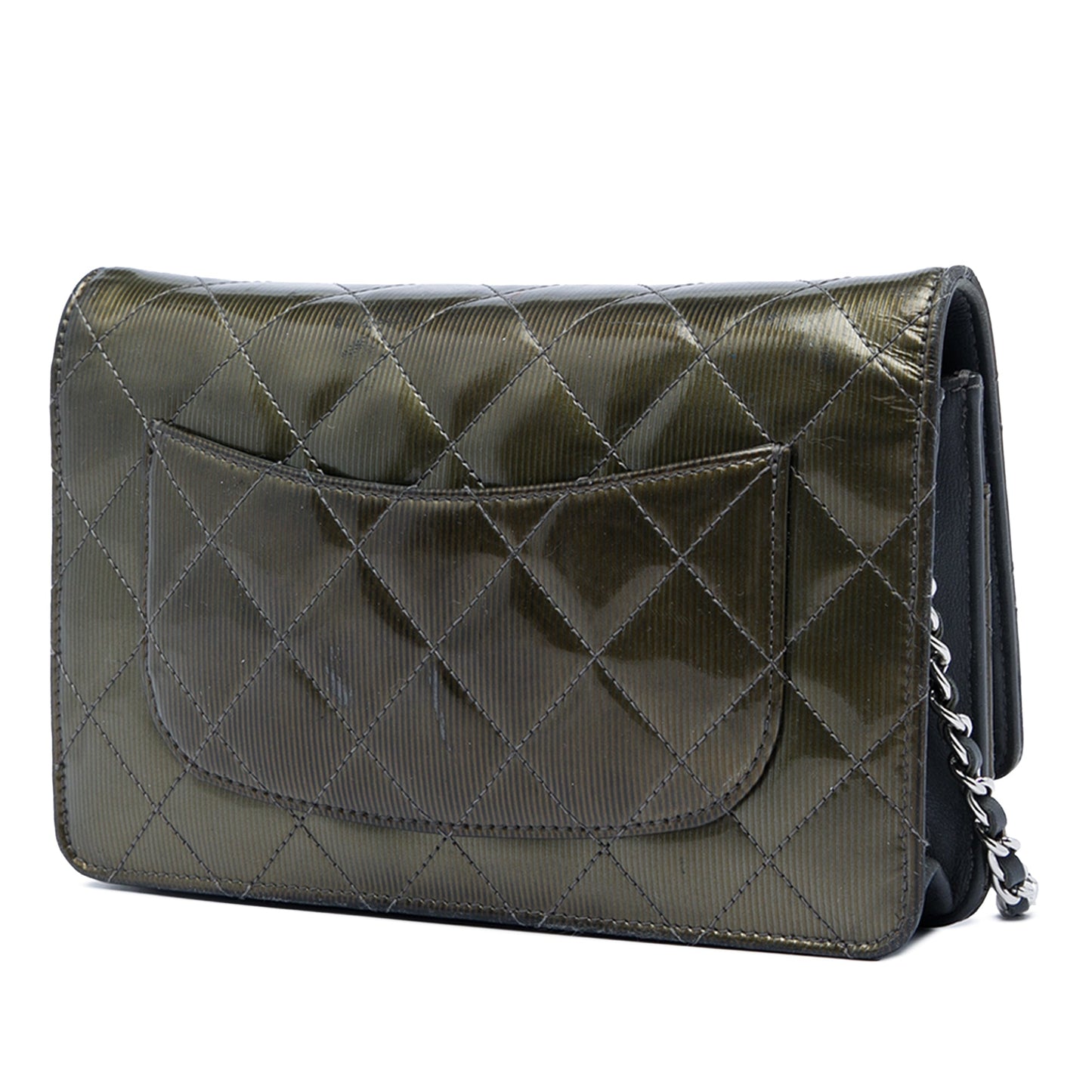 Chanel CC Quilted Striated Metallic Patent Wallet on Chain