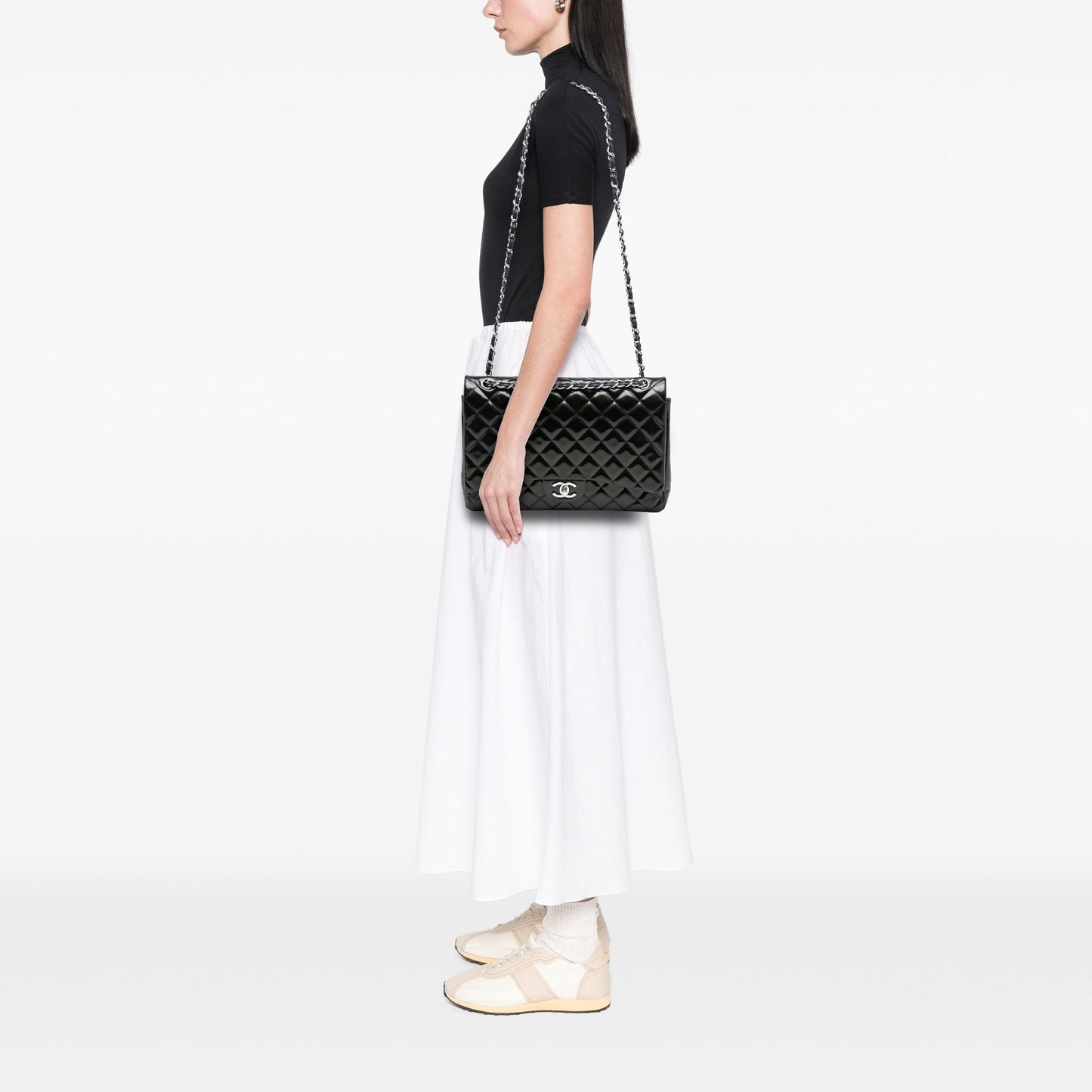 Chanel Maxi Classic Striped Patent Double Flap