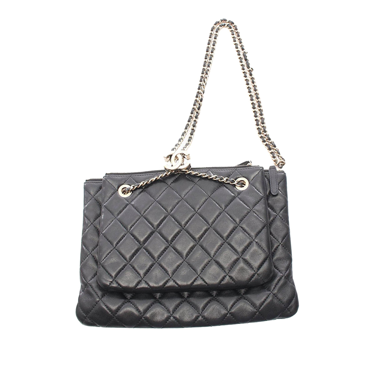 Chanel CC Quilted Lambskin Pouch with Mini Flap Purse — Black