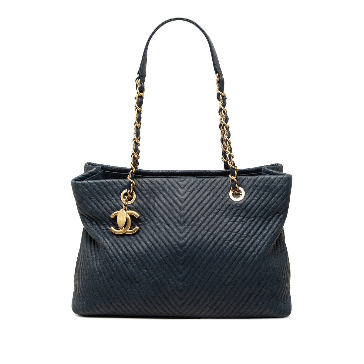Chanel Medium Chevron Wrinkled Calfskin Medallion Charm Tote — Blue