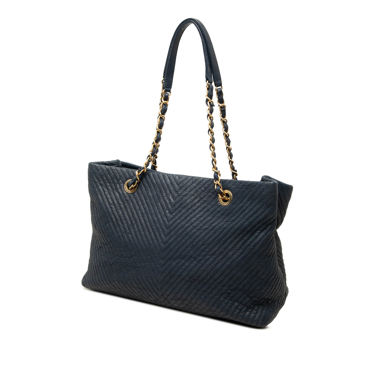 Chanel Medium Chevron Wrinkled Calfskin Medallion Charm Tote — Blue