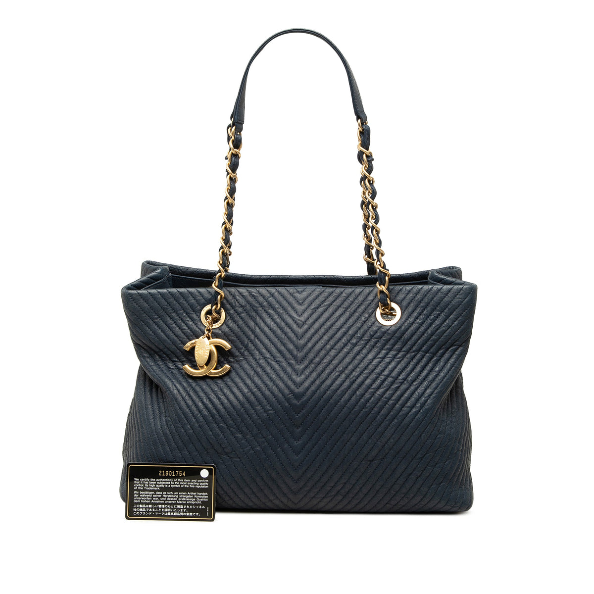Chanel Medium Chevron Wrinkled Calfskin Medallion Charm Tote — Blue