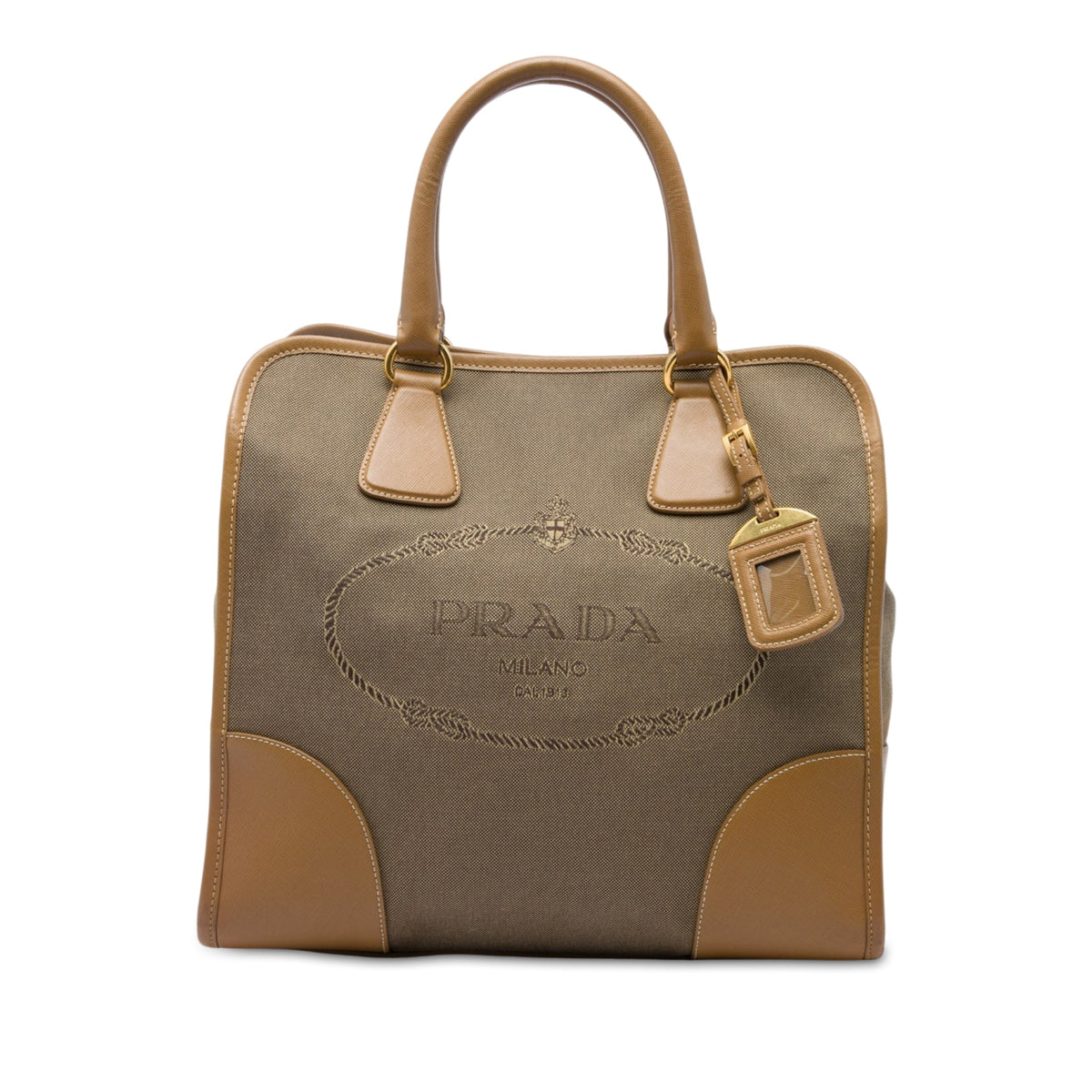 Prada Saffiano Trimmed Canvas Canapa Logo Satchel — Brown