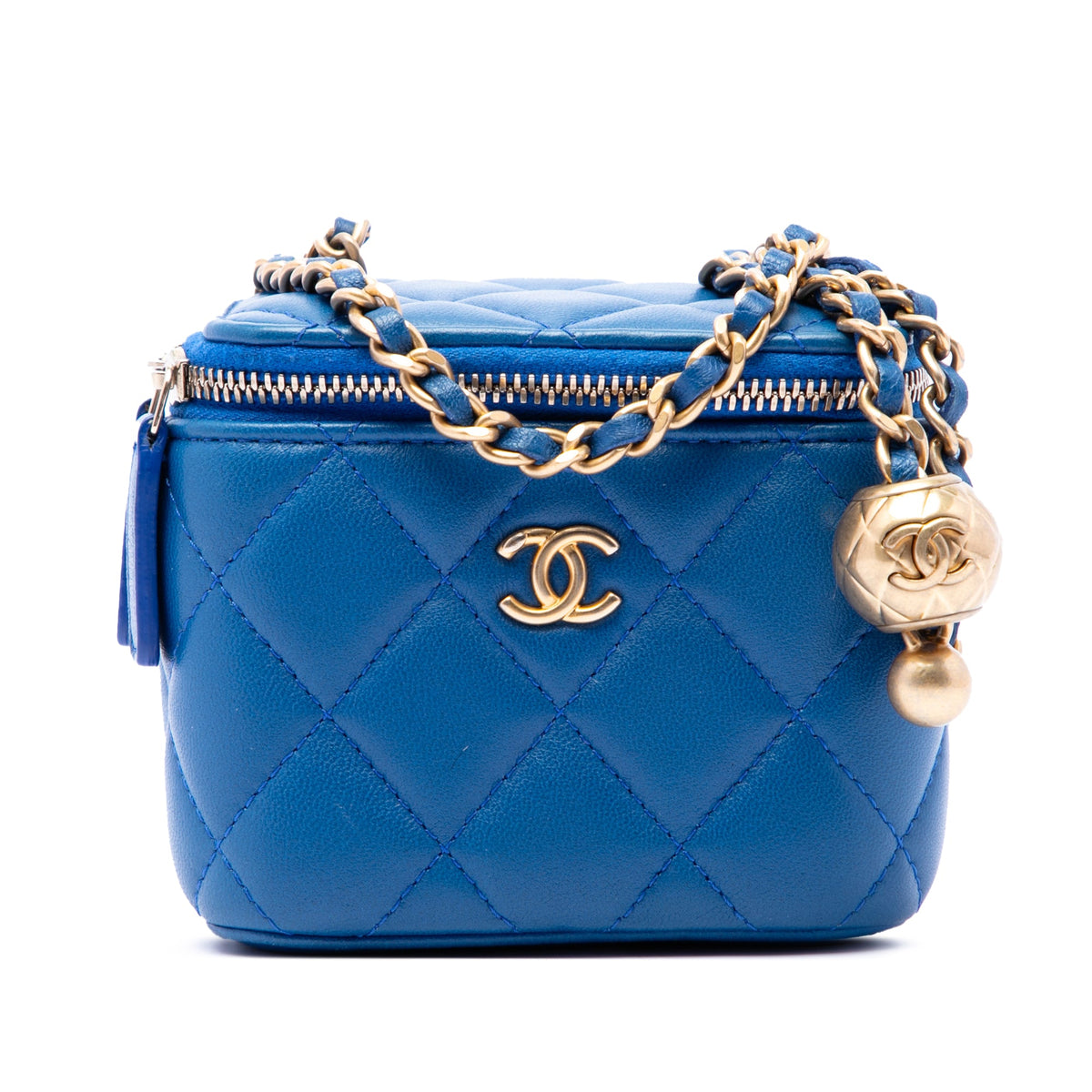 Chanel Mini Quilted Lambskin Pearl Crush Vanity Case With Chain — Blue