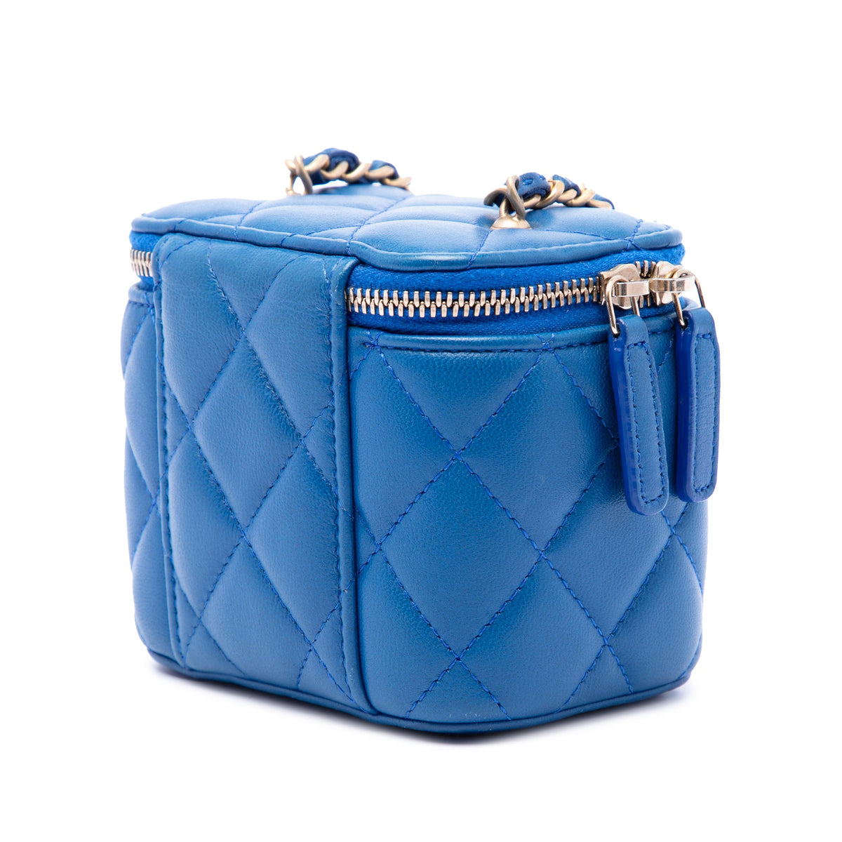 Chanel Mini Quilted Lambskin Pearl Crush Vanity Case With Chain — Blue