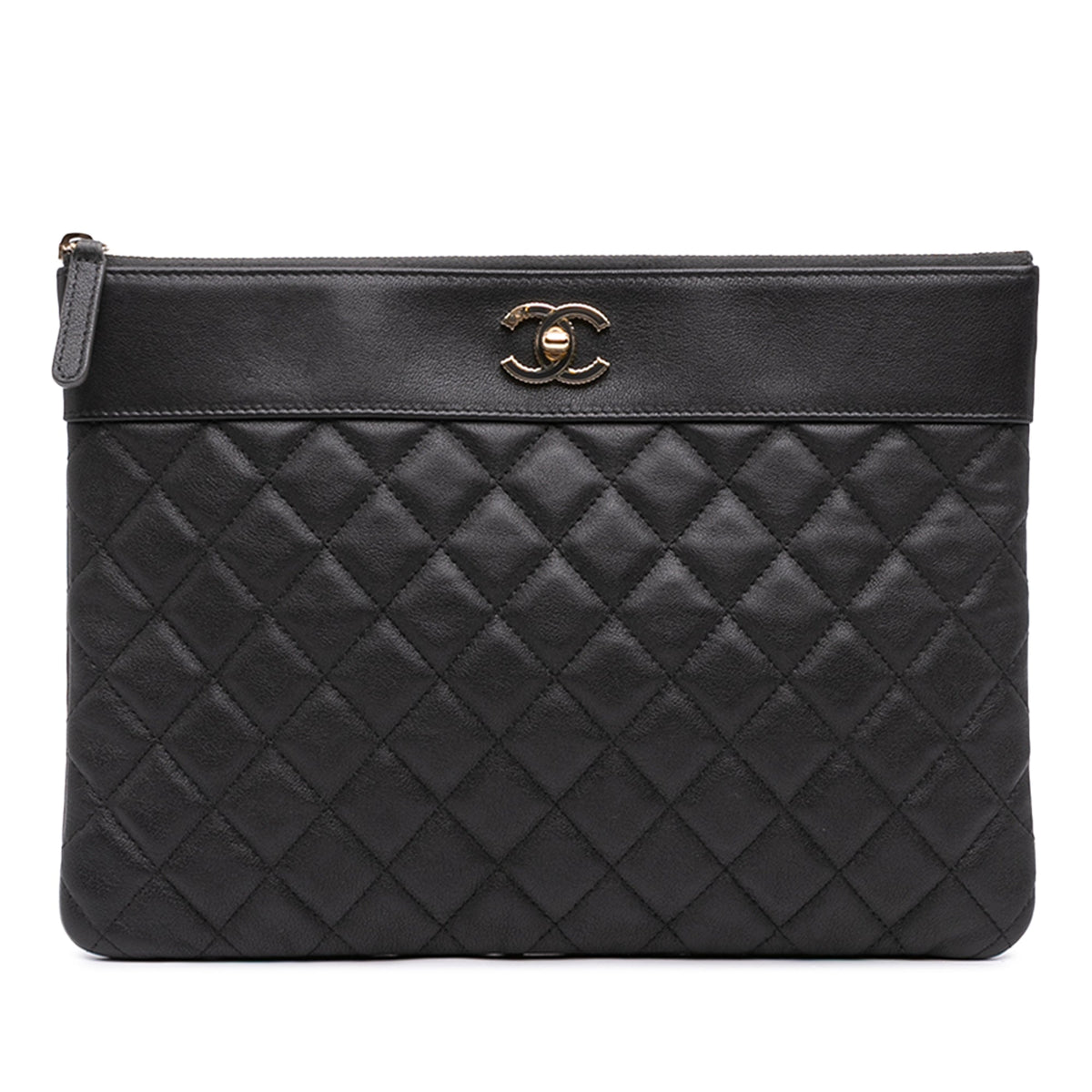 Chanel Medium Quilted Sheepskin Mademoiselle O Case Clutch — Black