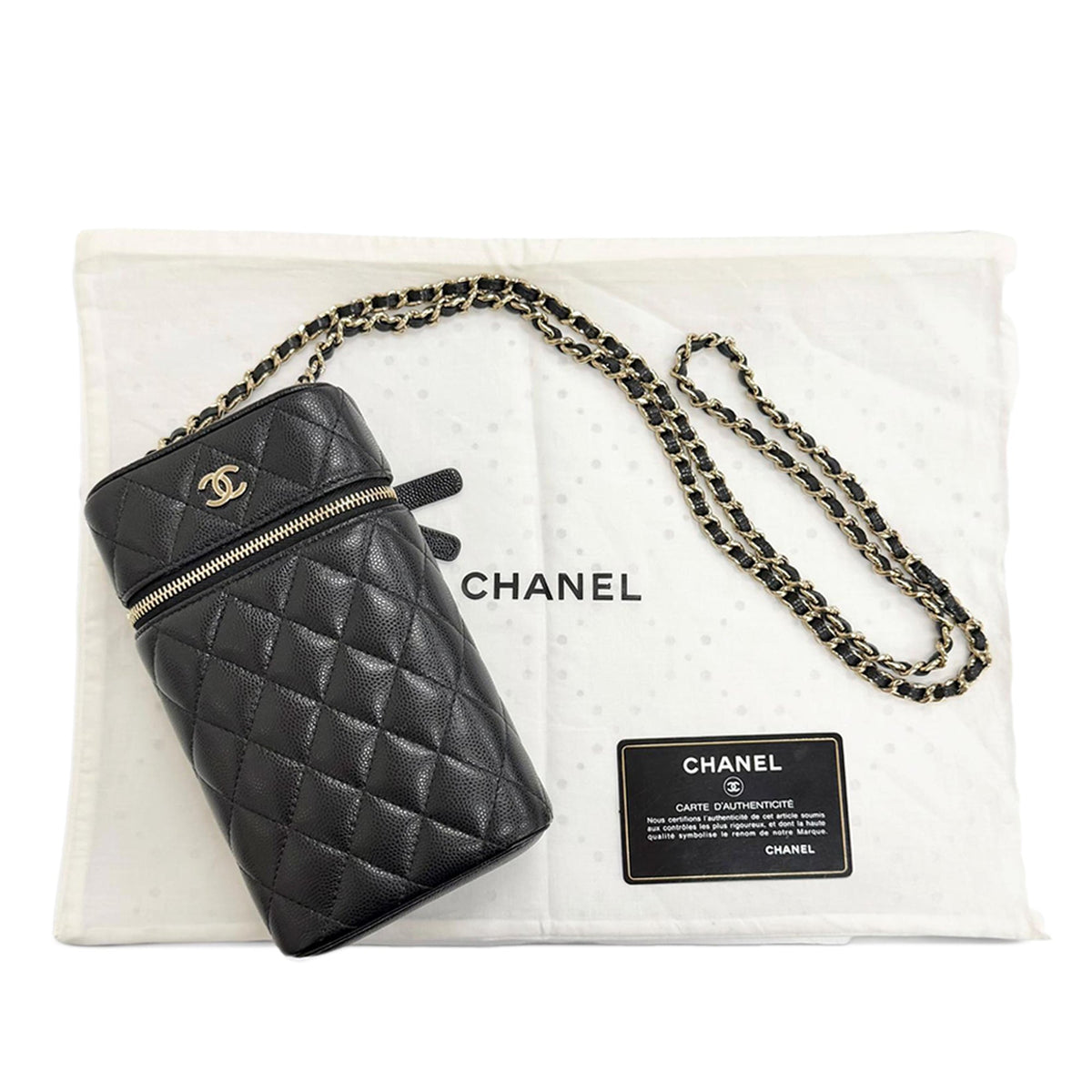 Chanel CC Quilted Caviar Phone Holder With Chain