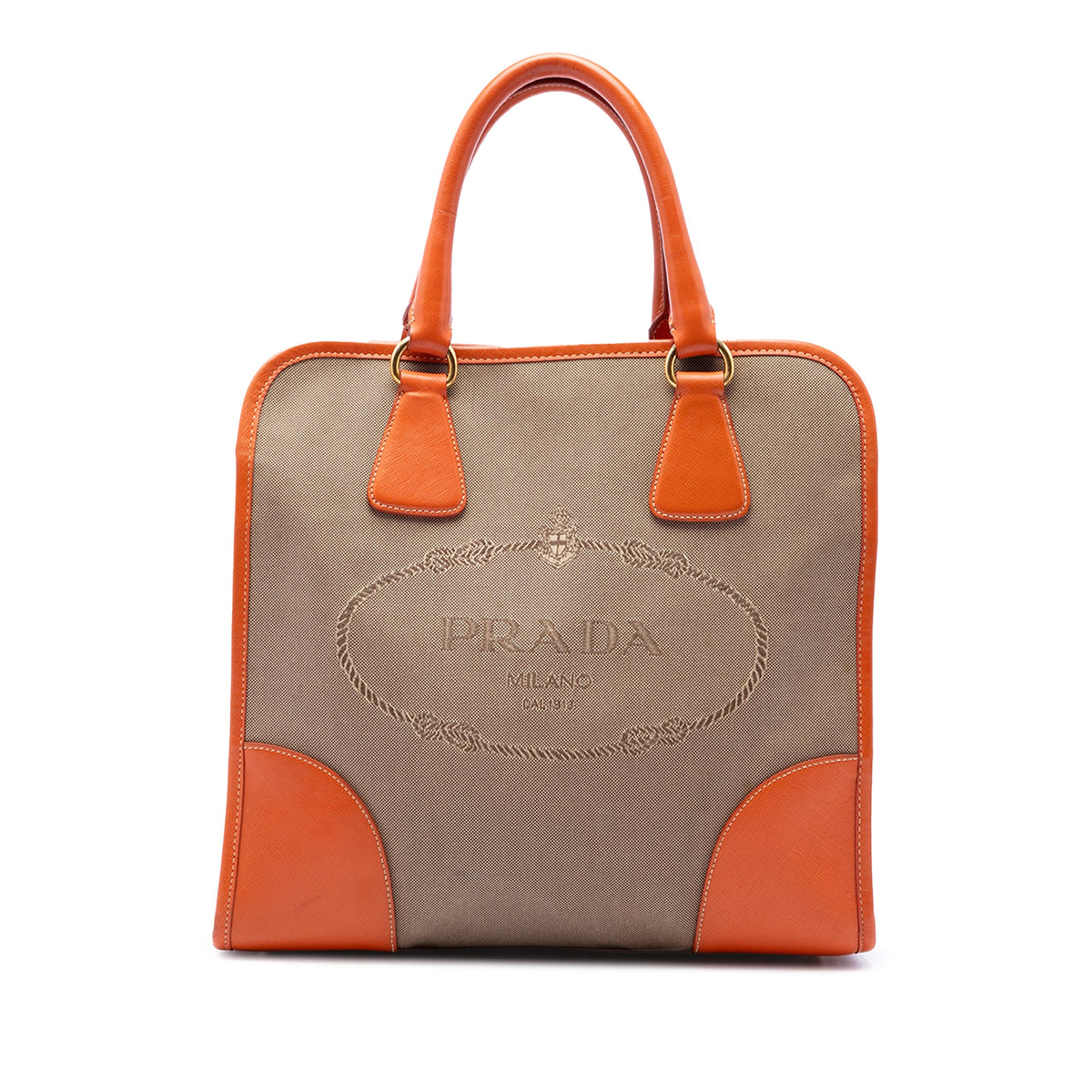 Prada Saffiano Trimmed Canvas Canapa Logo Satchel — Brown