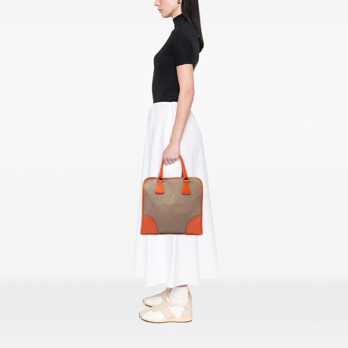 Prada Saffiano Trimmed Canvas Canapa Logo Satchel — Brown