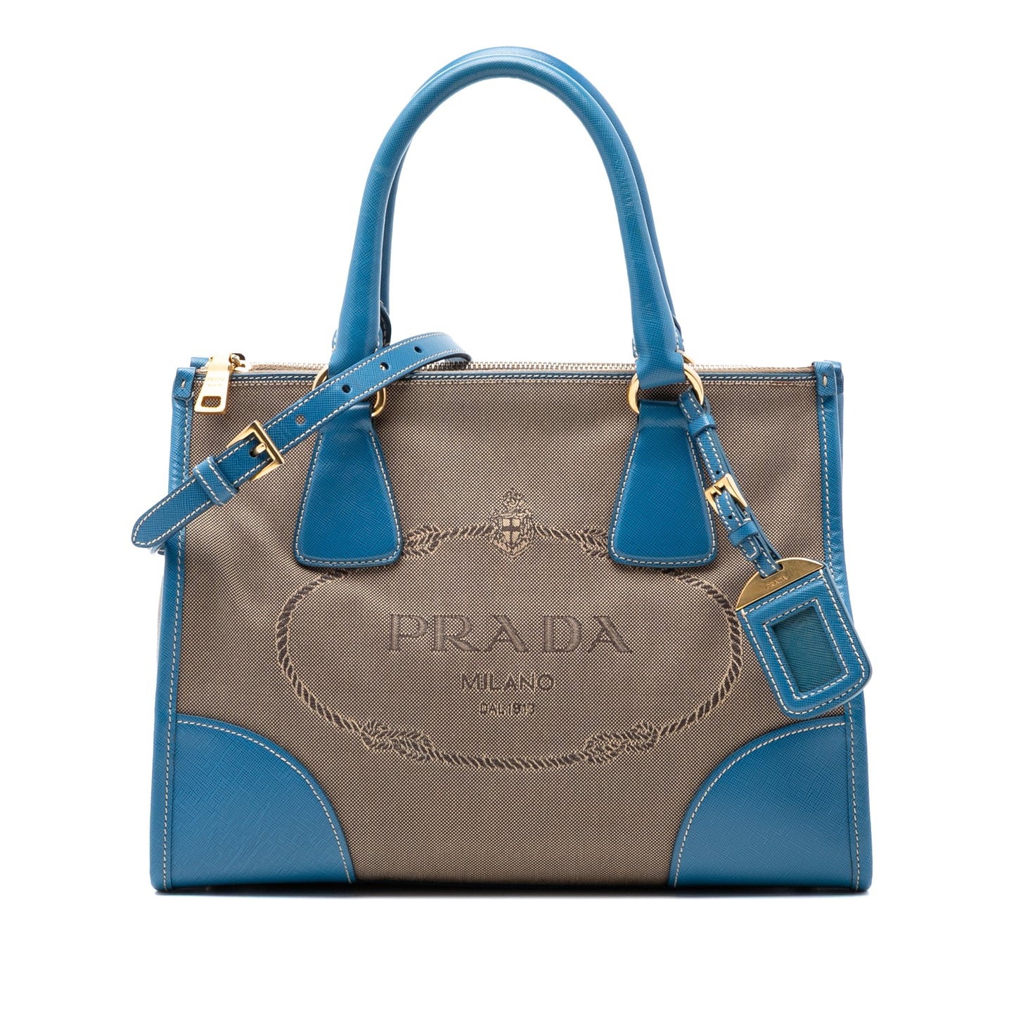 Saffiano Trimmed Canvas Canapa Logo Double Zip Satchel