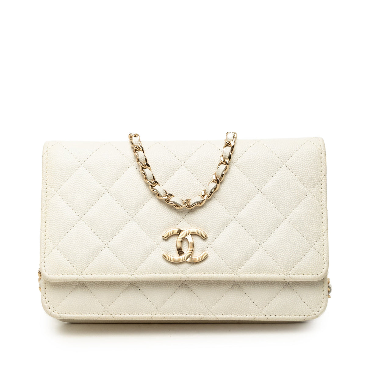 Chanel CC Quilted Caviar Wallet On Chain — White