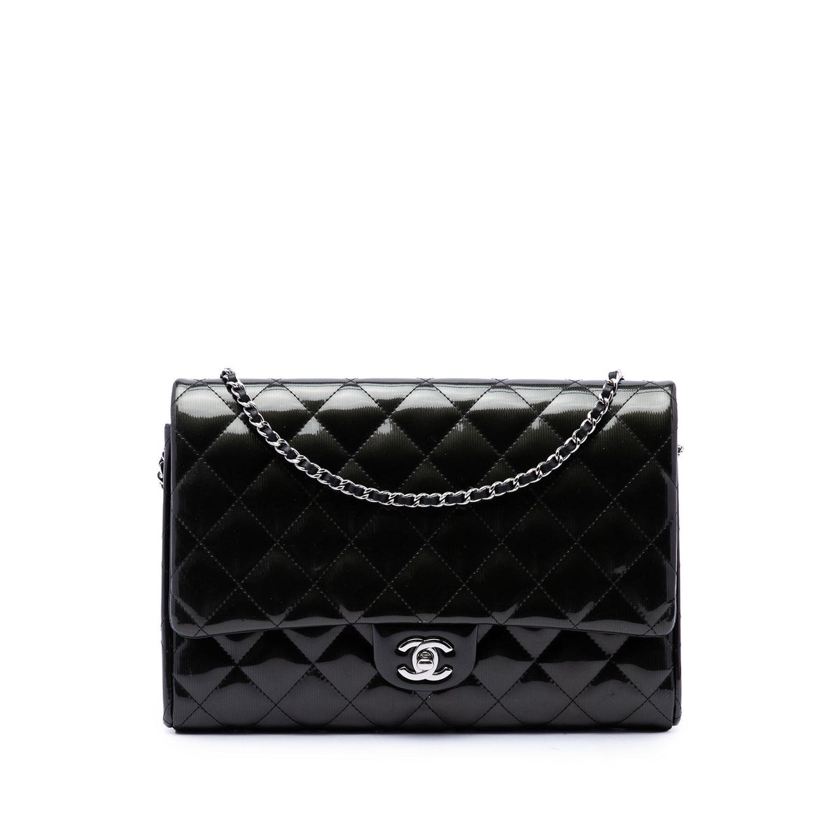 Chanel CC Quilted Patent Striated Flap Clutch with Chain — Black