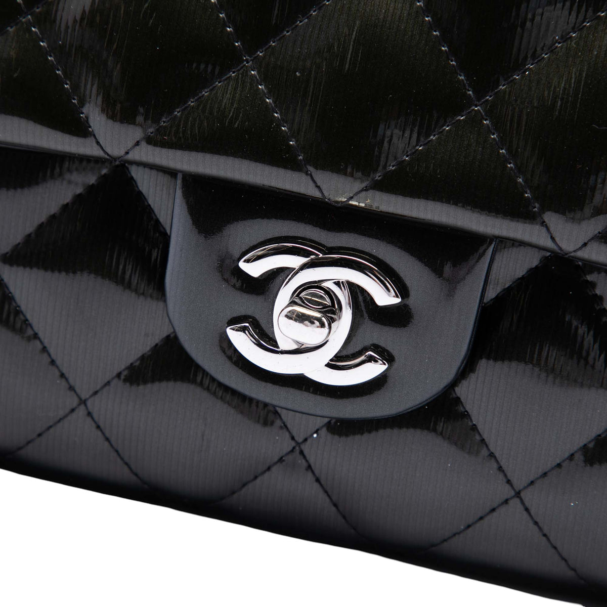 Chanel CC Quilted Patent Striated Flap Clutch with Chain — Black