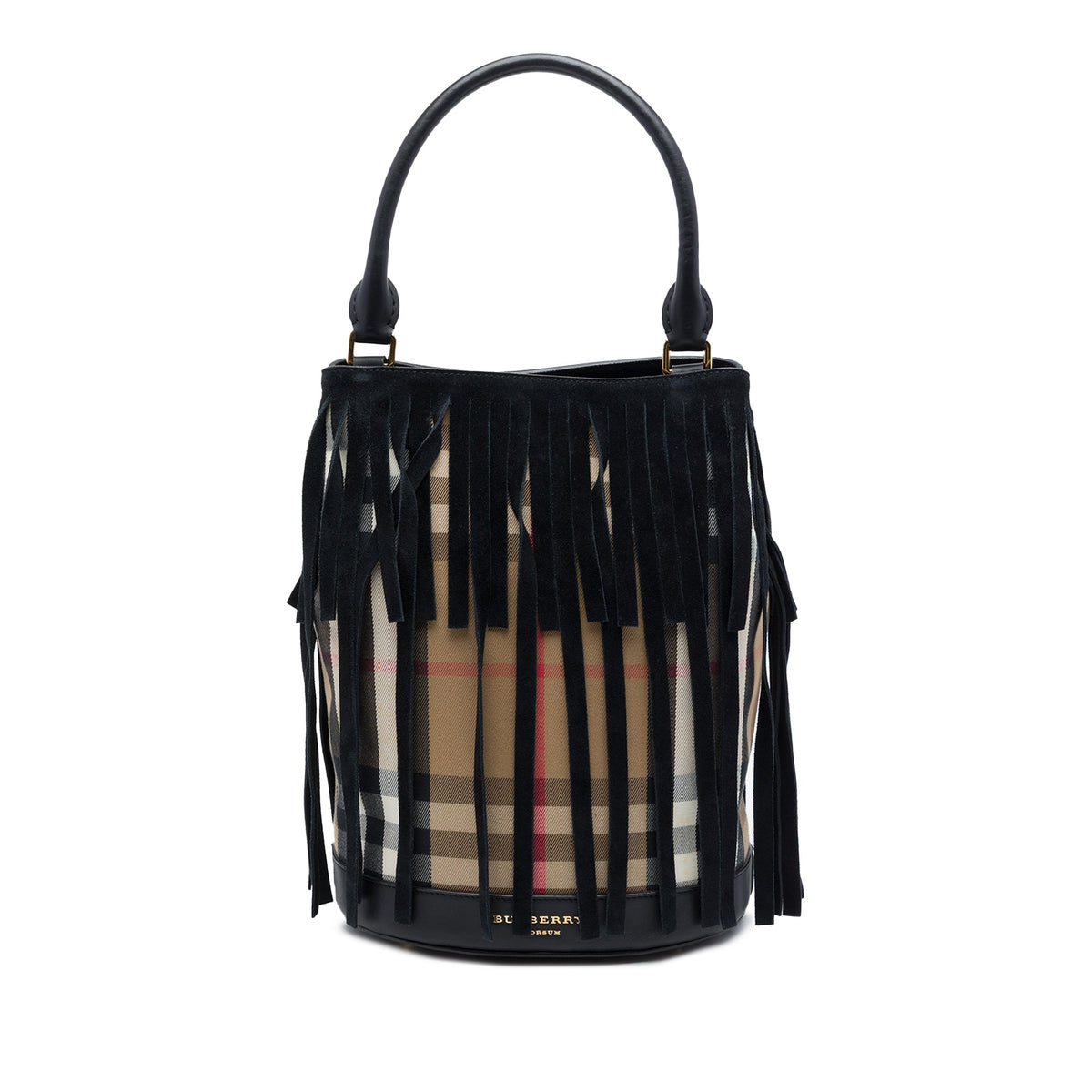 Burberry House Check Canvas and Suede Fringe Bucket Bag — Black